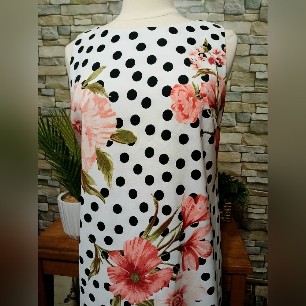 AGB Womens Size 10 Black White Polka Dot Floral Midi Dress Formal Feminine - Picture 2 of 6